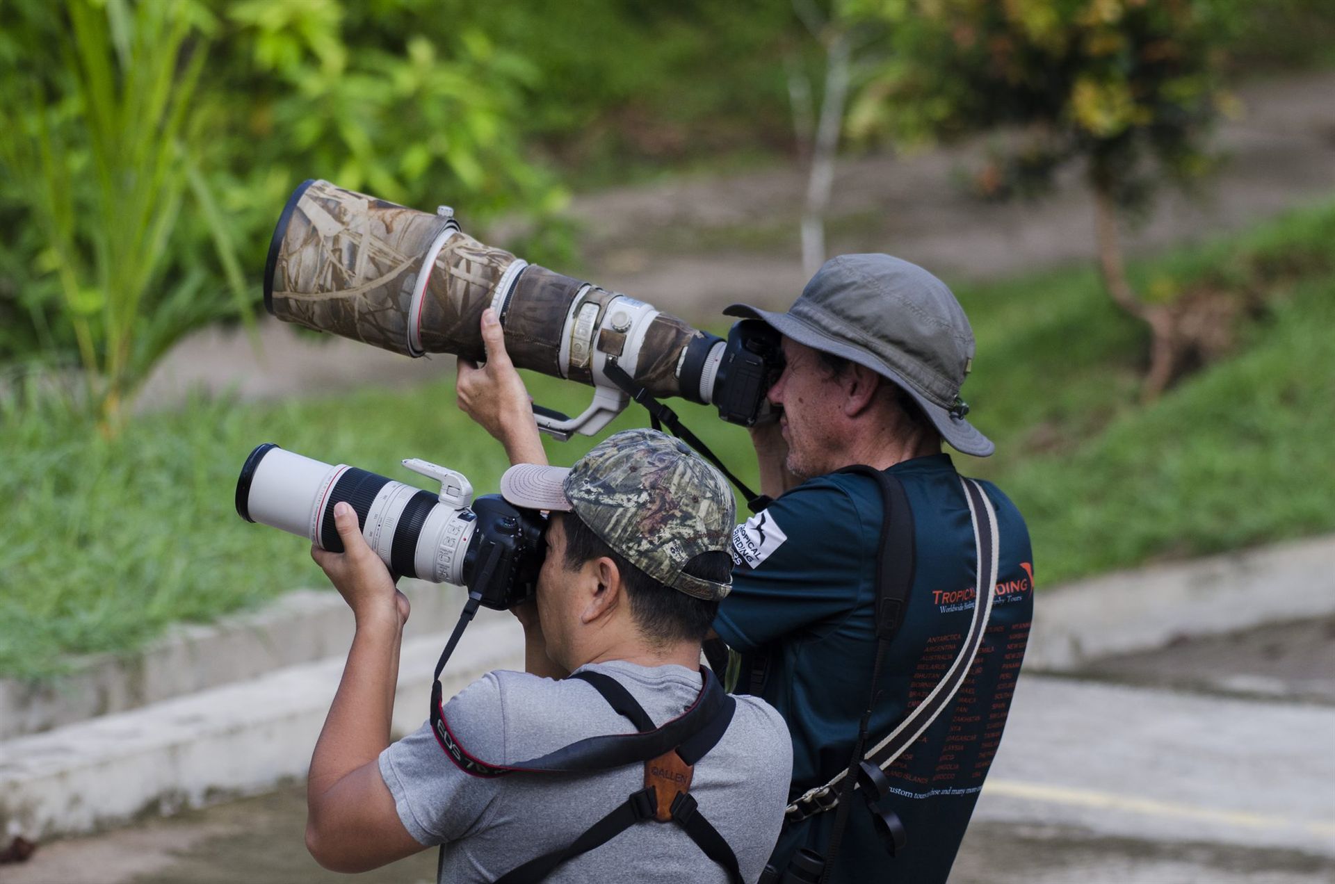 Two photographers with telephoto lenses, Deramakot