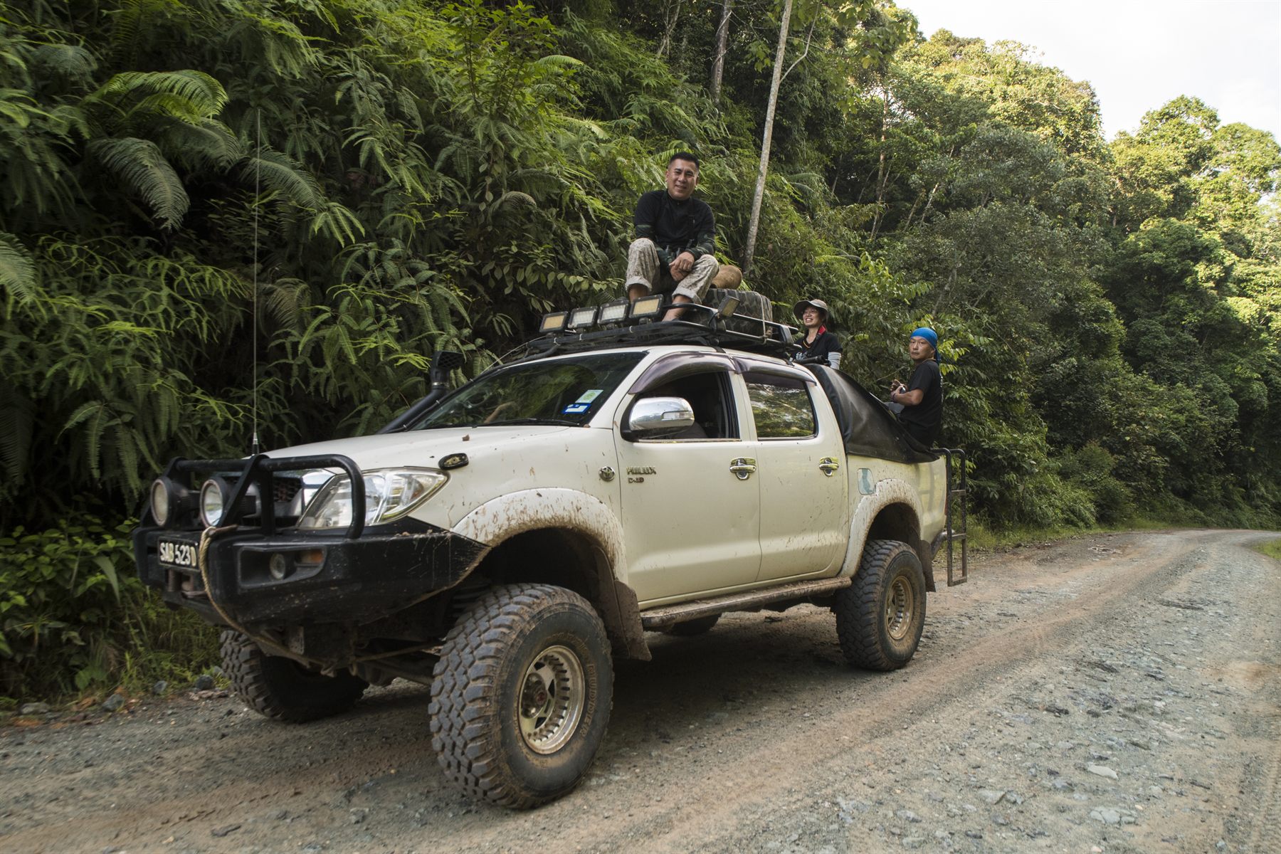 4WD spotlighting vehicle with guides on the roof, Deramakot forest road